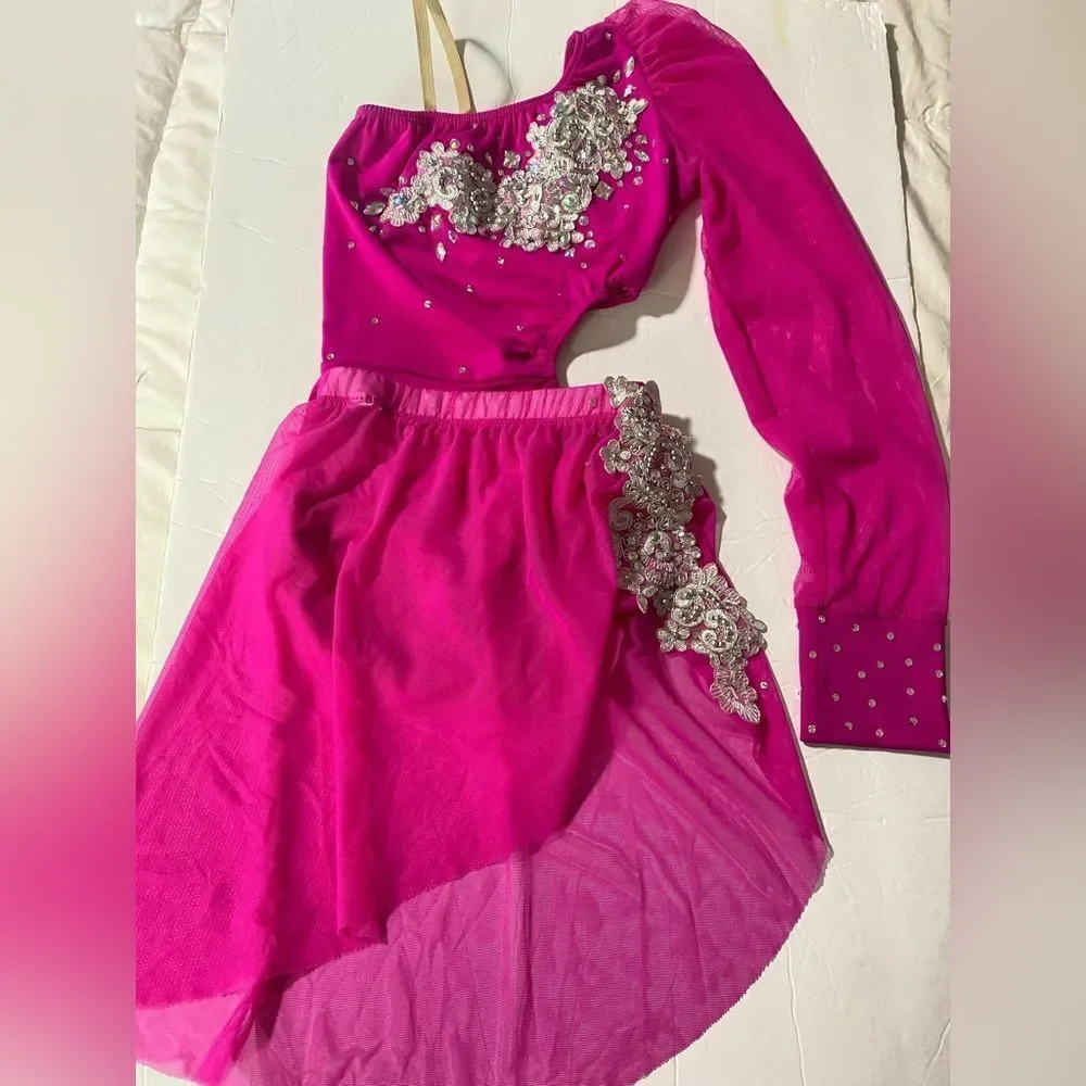 Custom made solo dance costume hot pink rhinestone illusion skirt LC child